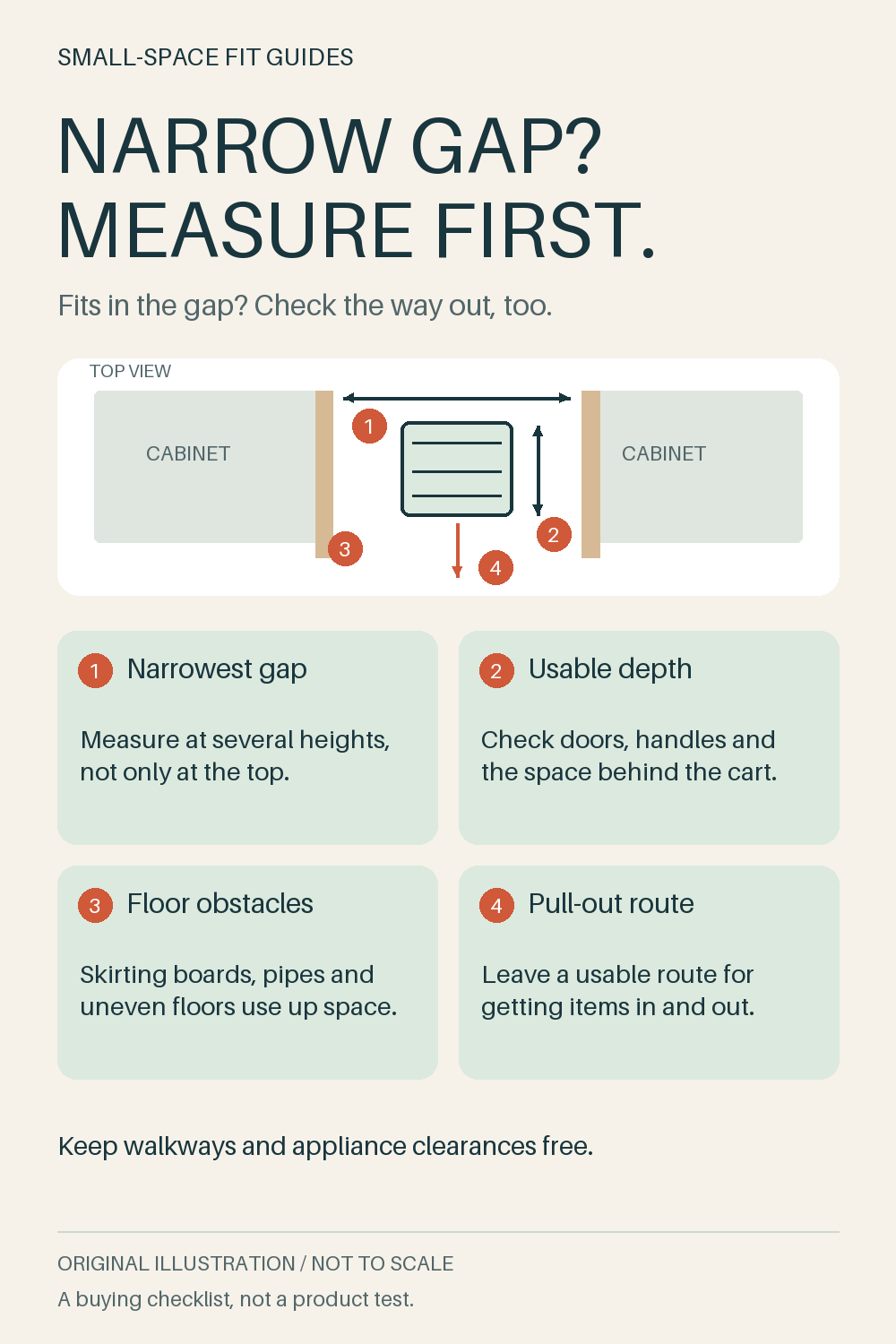Original top-view diagram of a cart between two cabinets, marking the narrowest gap, usable depth, floor obstacles and pull-out route.
