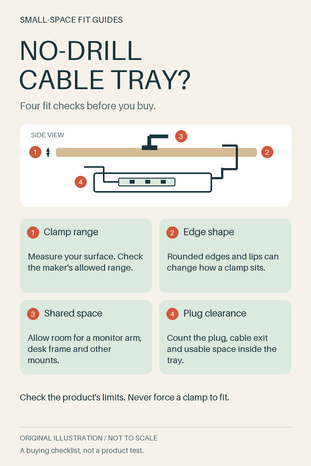 Original schematic of a desk, clamp, cable tray and power strip, with four checks for clamp range, edge shape, shared space and plug clearance.