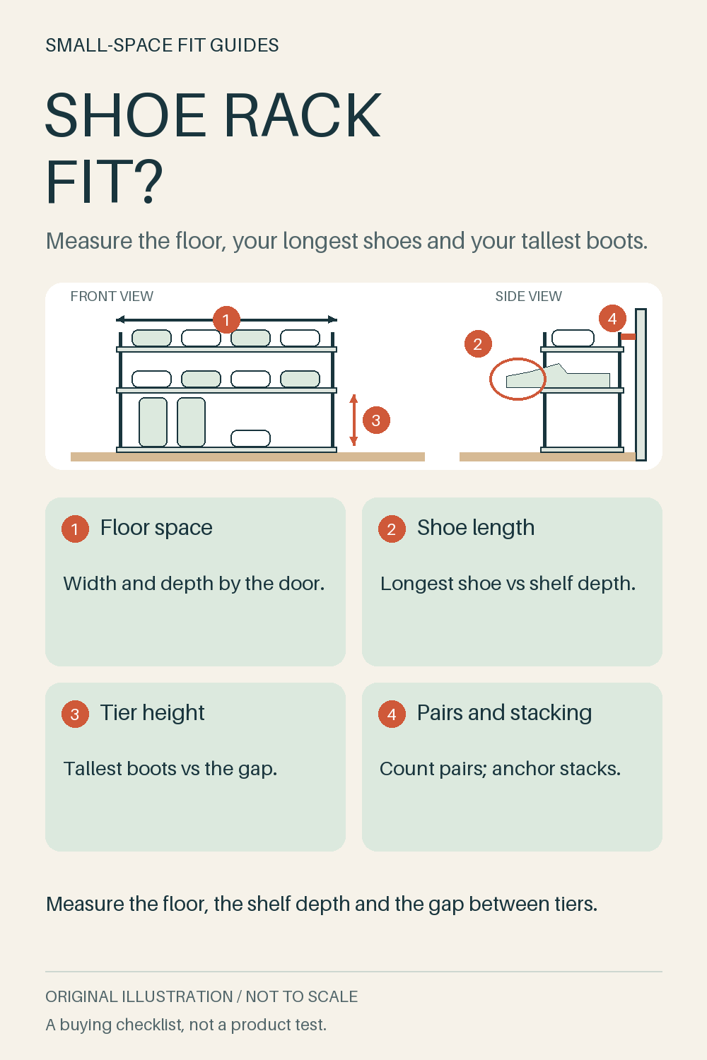 Original front-view and side-view diagram of a three-tier shoe rack with a boot on top and a shoe sticking out past a shelf, marking floor space, shoe length, tier height and wall-anchoring checks.